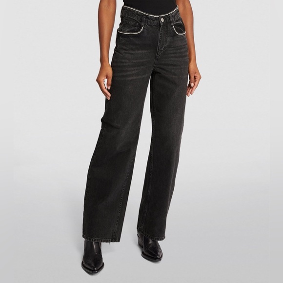 NWT Maje “Diamond” Black Wide Leg Jeans w Rhinestone Trim—missing rhinestones - Picture 6 of 16